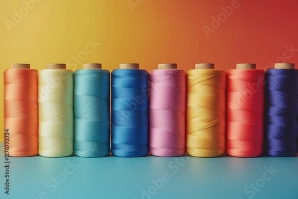 Fototapeta Colorful spools of thread arranged in a vibrant spectrum against a gradient background, showcasing a mix of hues and textures.