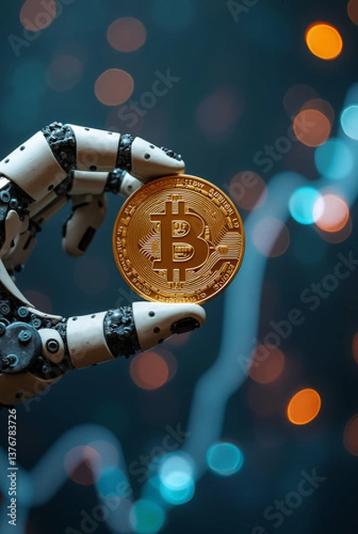 Obraz A robot arm holding a Bitcoin coin