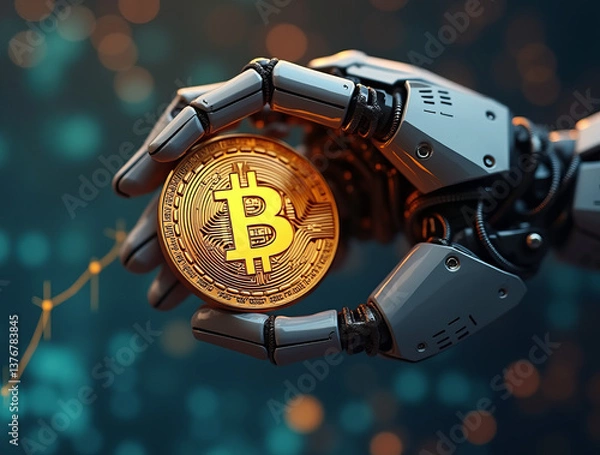 Obraz A robot arm holding a Bitcoin coin