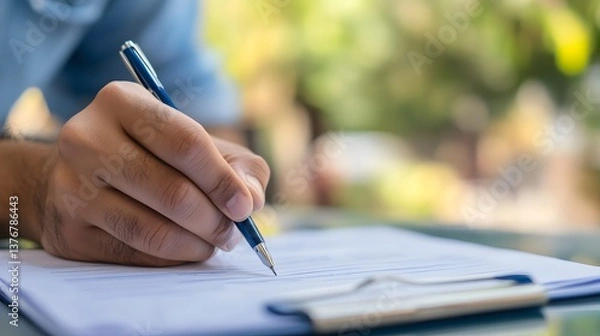 Fototapeta Crafting Agreement: A person's hand, clutching a pen, diligently fills a form in a close-up shot, highlighting the detail and focus of the action