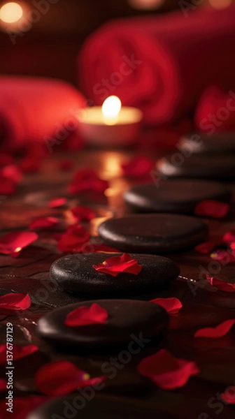Obraz Serene Spa Scene: A Close-Up of Warm River Stones Arranged on a Wooden Surface, Adorned with Delicate Rose Petals and Illuminated by a Gentle Candlelight Glow