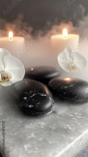Obraz Serene Japanese Onsen Spa Ambiance: A Minimalist Composition of Smooth Stones, Delicate Orchids, Flickering Candles, and Ethereal Mist