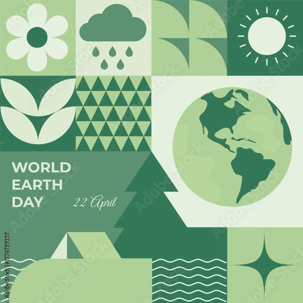 Fototapeta Vector illustration for World Earth Day with eco icons like globe, leaf, cloud, tent, and water, promoting sustainability, camping, and environmental awareness.