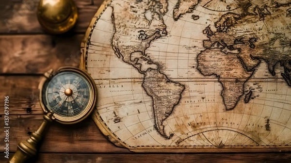 Fototapeta A Journey Through Time: An antique map is the focal point, accompanied by a compass and globe, all positioned on an old wooden desk, evoking a sense of exploration.