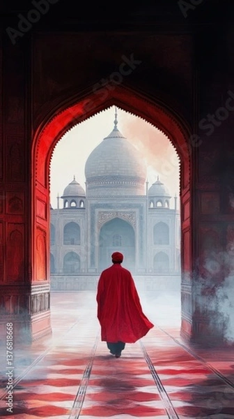 Fototapeta Person walks towards a mausoleum through a red archway. Foggy background
