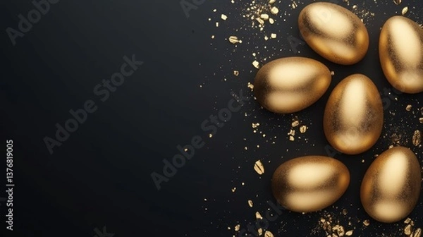 Fototapeta Golden Easter Eggs with Gold Foil on Black Matte Surface