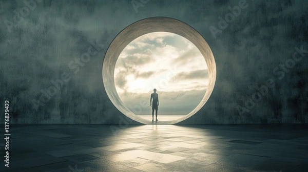 Obraz A lone figure stepping into a glowing keyhole-shaped passage carved into a massive abstract structure, warm light casting elongated shadows, sense of transition and hope