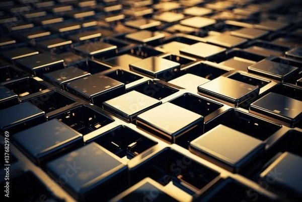 Obraz A close-up view of a textured surface featuring reflective metallic squares arranged in a grid pattern, capturing light and shadows, creating an abstract visual effect suitable for backgrounds