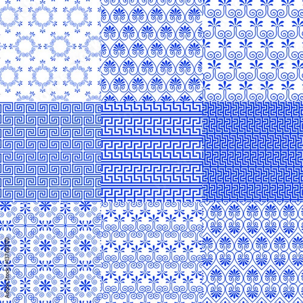 Fototapeta Vector collection of Greek traditional and modern seamless patterns for decoration background, textile, fashion design. Set of geometric ornaments in blue and white colors