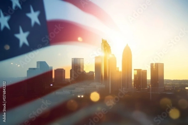 Fototapeta  Charlotte skyline with American flag overlay at sunset for patriotic themes and business concepts