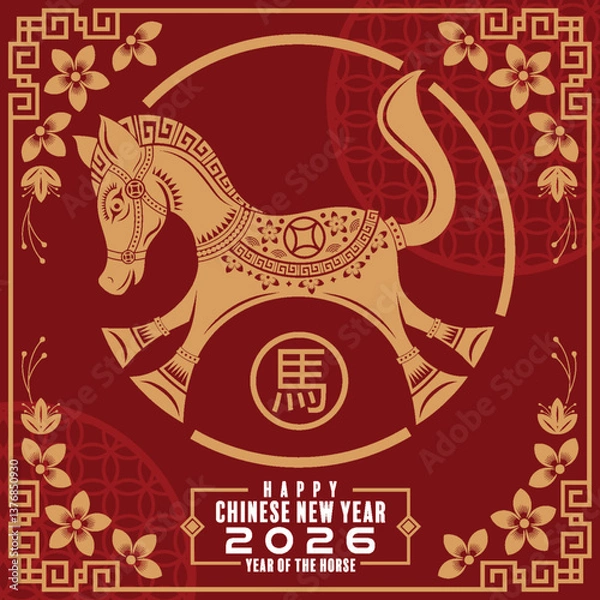Fototapeta Happy chinese new year 2026  background with horse, year of the horse zodiac with on color background. ( Translation : happy new year, chinese horse 2026 )