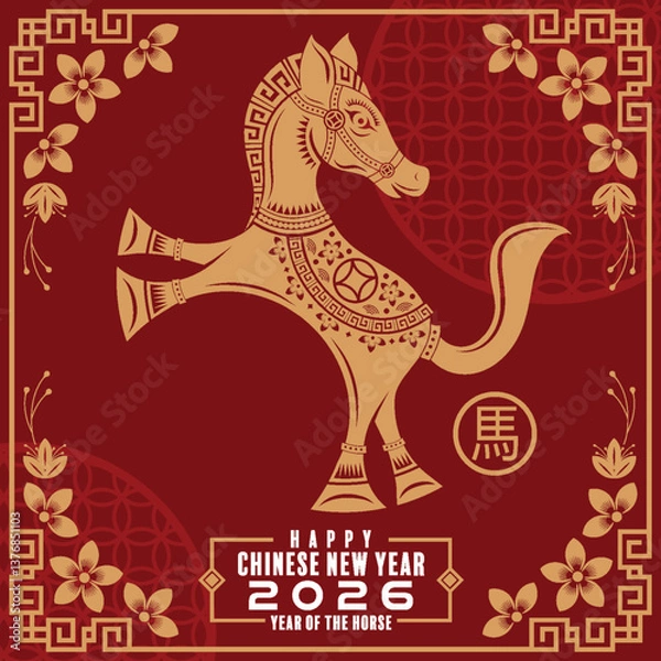 Obraz Happy chinese new year 2026  background with horse, year of the horse zodiac with on color background. ( Translation : happy new year, chinese horse 2026 )