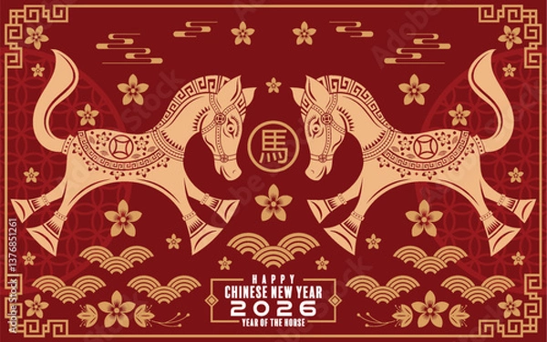Obraz Happy chinese new year 2026  background with horse, year of the horse zodiac with on color background. ( Translation : happy new year, chinese horse 2026 )