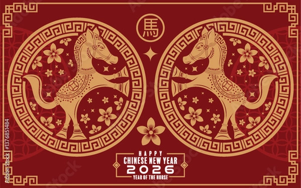 Obraz Happy chinese new year 2026  background with horse, year of the horse zodiac with on color background. ( Translation : happy new year, chinese horse 2026 )