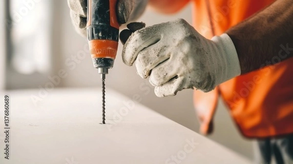 Obraz A construction worker using a drill to install screws in drywall. Featuring craftsmanship and installation