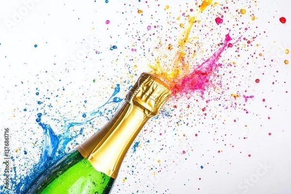 Obraz A champagne bottle with colorful splashes around it, creating a festive and celebratory atmosphere.