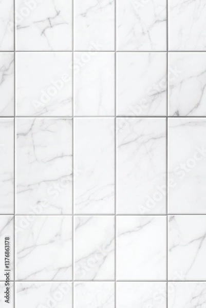 Fototapeta A seamless pattern of white marble tiles with subtle gray veining, showcasing a clean and modern aesthetic perfect for interior design projects or home renovations