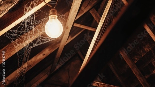 Fototapeta Glowing Light Bulb in a Dusty Attic with Spider Webs and Wooden Beams Vintage Atmosphere for H