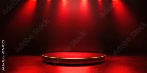 Fototapeta product display platform podium, red round leveled background spot light show case star