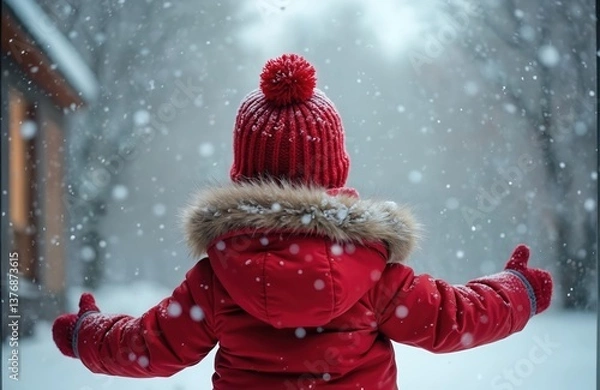Fototapeta Child in red winter coat stands by window, watching falling snowflakes. Snowy day winter landscape. Kid enjoys snowfall, wearing warm hat, mittens. Joyful child, cozy, enjoying winter fun, cold