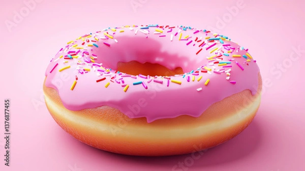 Fototapeta 3d realistic pink donut isolated vector sweet icon illustration isolated on transparent background. Glaze on food dessert for part or breakfast. Fried delicious birthday icing bakery snack design