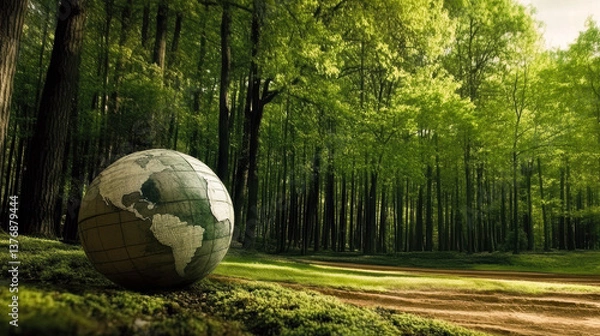 Obraz Globe resting on forest floor symbolizing nature and sustainability