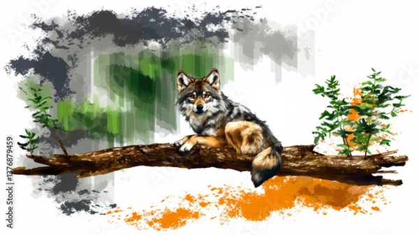 Obraz Illustration of gray wolf resting on log with abstract forest background