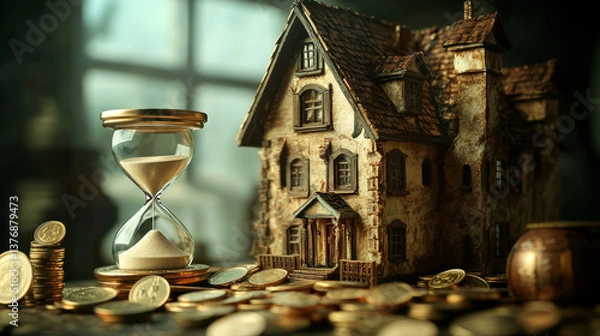 Fototapeta Mortgage isometric landing page. Cottage house with scatter coins and hourglass. Hypothec loan, debt, personal bank consumer credit offer for buying home by installments. 3d vector line art web banner