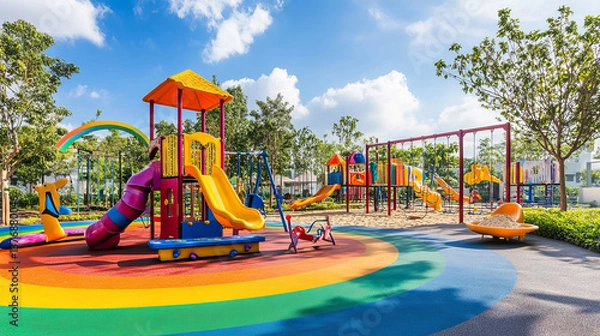 Fototapeta Kid playground park with rainbow cartoon vector background. Kindergarten outside amusement environment with slide, swing, sandbox, horse and seesaw. Fantasy children playhouse garden design with tree