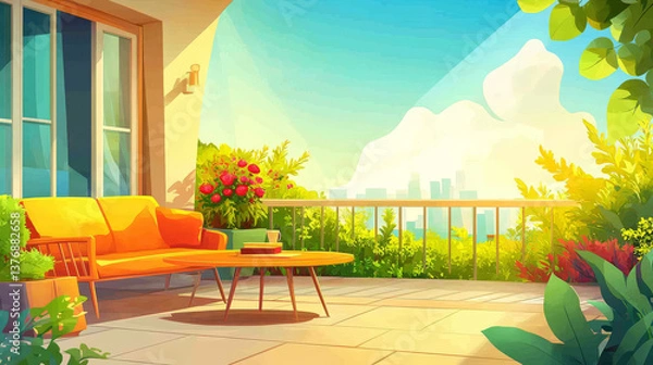 Fototapeta House terrace with table, couch and view to garden. Vector parallax background ready for 2d animation with cartoon illustration of wooden veranda and forest or park landscape with trees