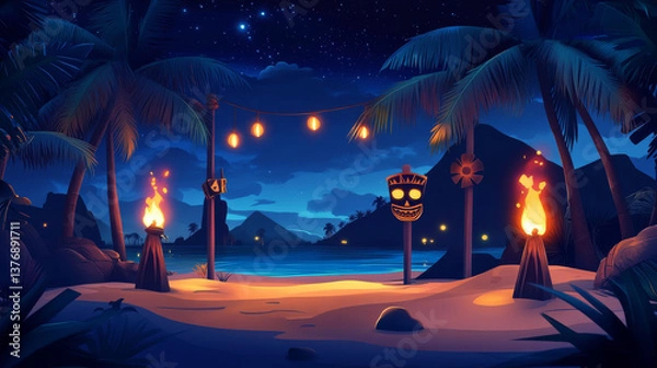Fototapeta Tiki bar website with wooden tribal mask and burning torches on bamboo stick. Vector landing page of hawaiian beach cafe with cartoon illustration of polynesian totem and palm trees at night