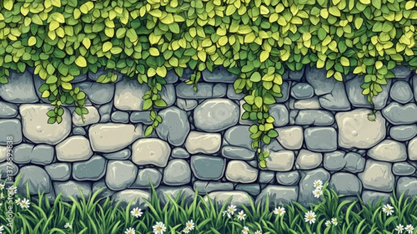 Fototapeta Textures of water, green grass and ivy leaves for game background. Vector cartoon seamless patterns of top view of sea, ocean or lake surface, summer lawn and wall with hedera plants