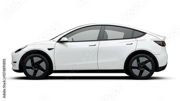 Fototapeta A sleek white electric SUV is shown in profile view against a clean white background ideal for automotive advertising or editorial use.