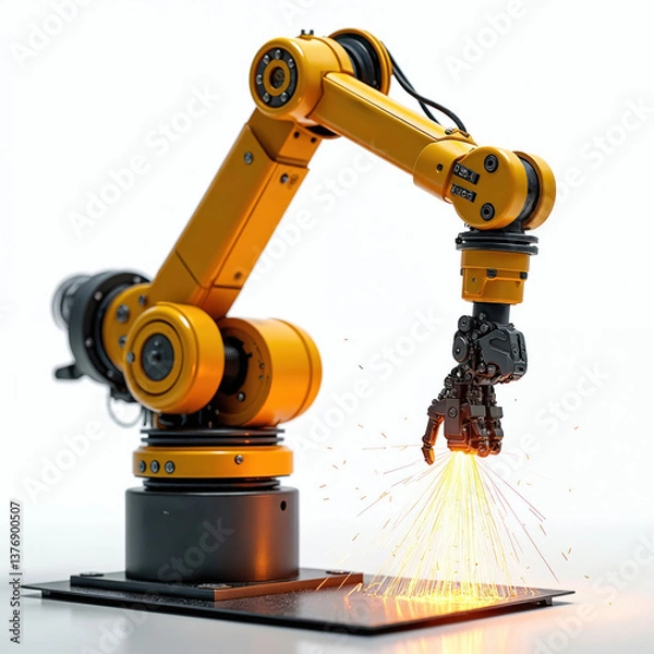 Fototapeta Robotic arm welding, sparks isolated white background. Industrial robot assembly line, machine tech automation, manufacture control engineering. Modern industry device production.