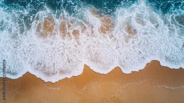 Fototapeta Water wave on sea sand beach 3d top view vector. Realistic ocean shore pattern with white foam and bubble on golden surface. Tropical summer vacation aerial banner design. Abstract travel illustration