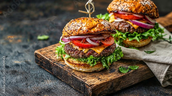 Obraz food photo of a fresh burger with cheese, brioche buns, served on a wooden board with a folded linen nap