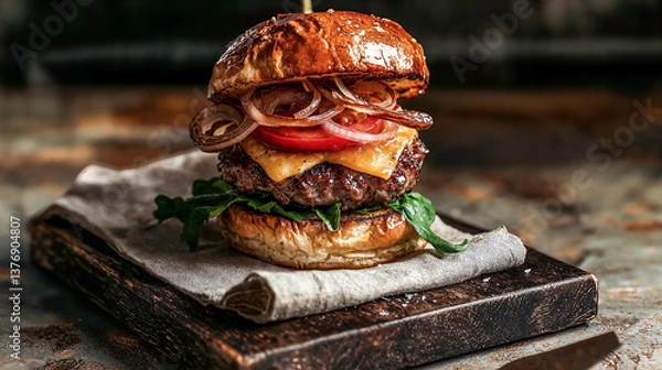 Obraz food photo of a fresh burger with cheese, brioche buns, served on a wooden board with a folded linen nap