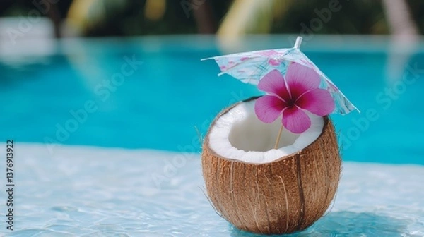 Obraz Coconut water served in a fresh coconut shell, with a tropical flower and paper umbrella decoration