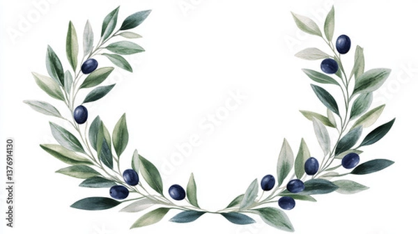 Fototapeta Olive branch wreath with green leaves, black fruits, png set isolated on transparent background. Realistic vector illustration of round design element for organic oil or natural cosmetics package