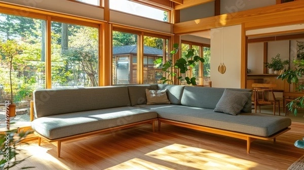 Fototapeta A stylish and elegant Japanese living space with a real-wood frame L-shaped sofa in soft gray