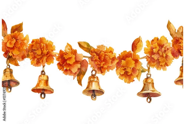 Obraz Watercolor marigold garland with bells isolated on transparent background