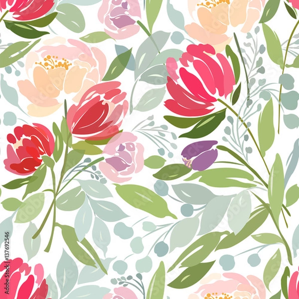 Fototapeta Seamless pattern with a bouquet of peonies and leaves on a white background.