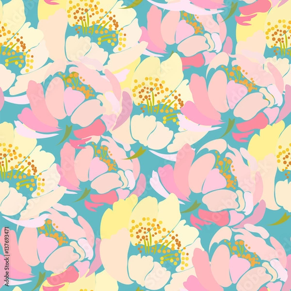 Fototapeta Seamless pattern with abstract yellow and pink peony on a blue background.