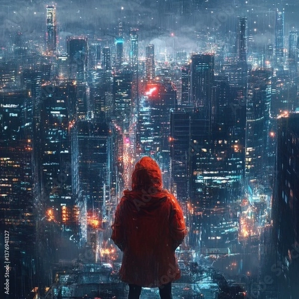Fototapeta A solitary figure in a red hooded jacket stands atop a skyscraper, gazing over a vibrant, rain-soaked cityscape illuminated by neon lights and bustling urban life at night
