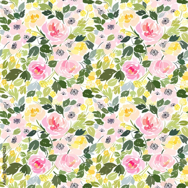Fototapeta Seamless pattern with peonies, roses and small flowers with foliage, floral design in bright colors.