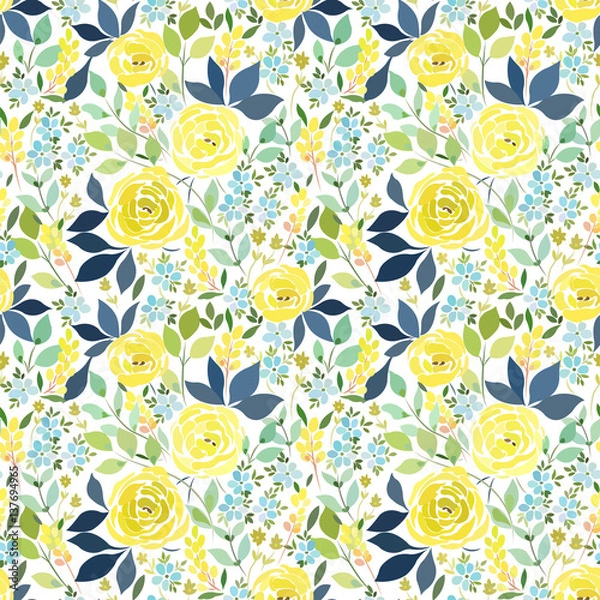 Fototapeta  Seamless pattern with yellow roses and blue small flowers with leaves.