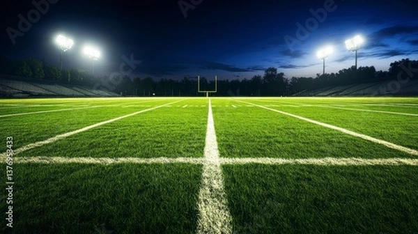 Fototapeta Night view of empty American football field illuminated by stadium lights.