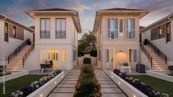 Fototapeta Symmetrical elegance: Twin homes framed by manicured lawns and illuminated walkways exude modern charm under a tranquil sky.