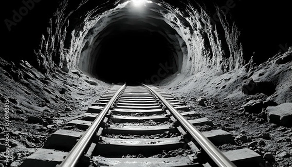 Fototapeta Monochrome railway disappearing into a dark tunnel AI generative