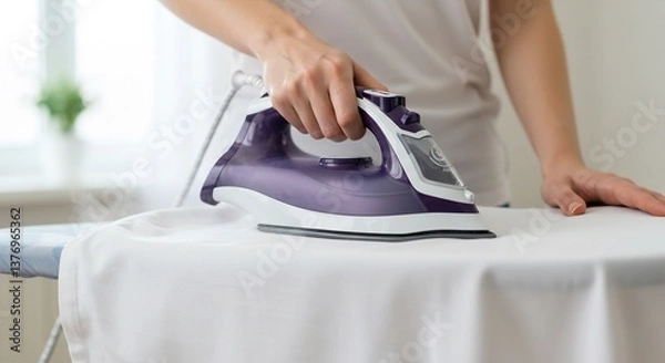 Fototapeta Close-up of a Woman's Hand Using a Modern Purple and White Steam Iron to Iron a White Cloth on an Ironing Board